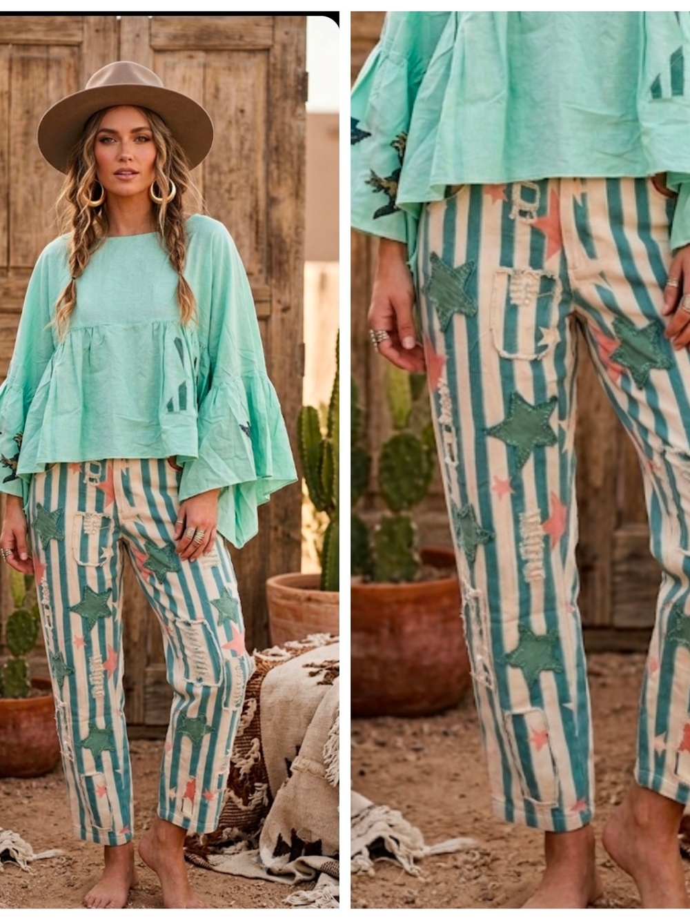 Striped Star Patch Distressed Pants